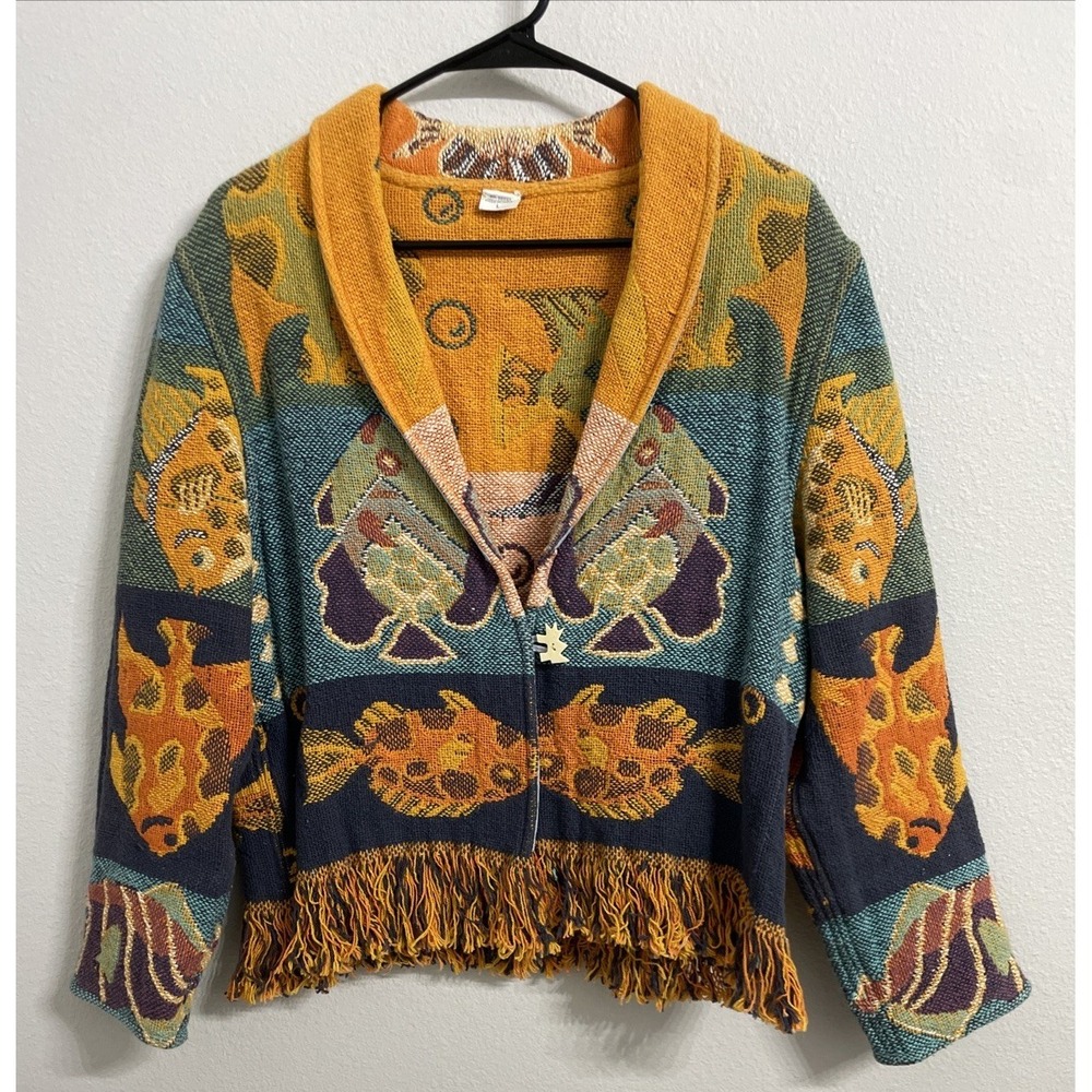 Vintage Sandy Starkman Tropical Fish Fringed Quilt Blazer Size Large